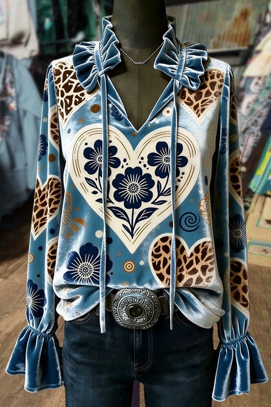 Leopard Heart Print Ruffle Neck Bell Sleeve Velvet Top