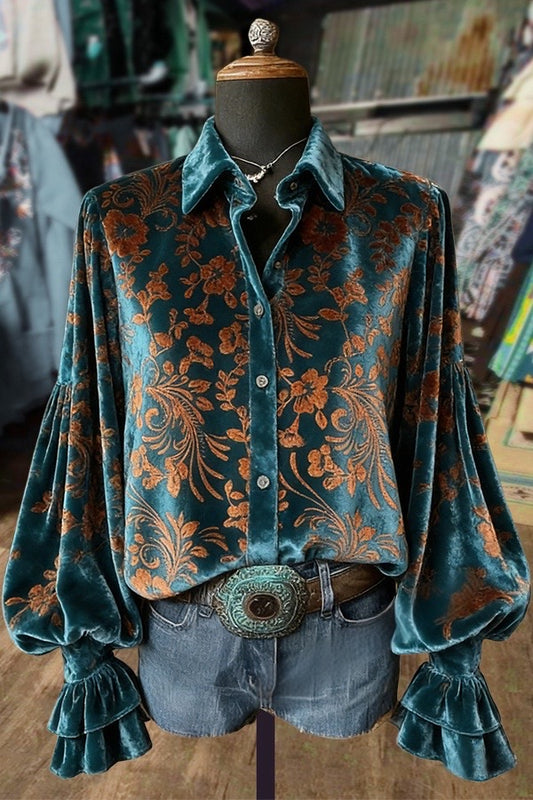 Retro Floral Print Balloon Sleeve Velvet Top