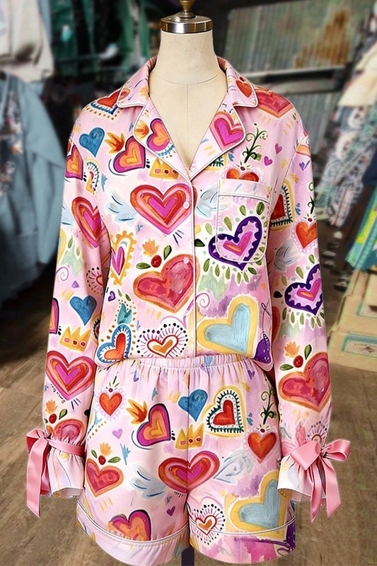 Colorful Art Heart Print Ribbon Bow Pajama Set