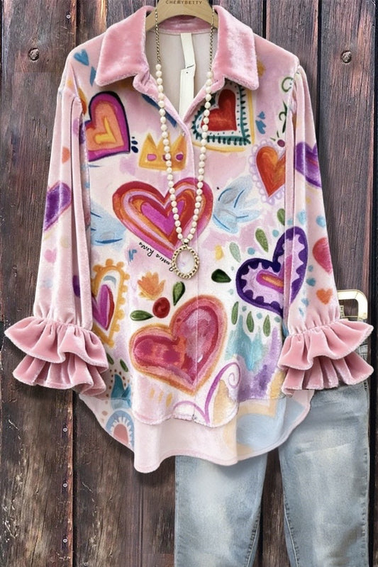 Colorful Art Heart Print Layered Ruffle Sleeve Shirt