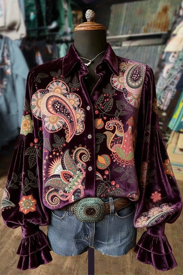 Colorful Paisley Print Balloon Sleeve Velvet Shirt