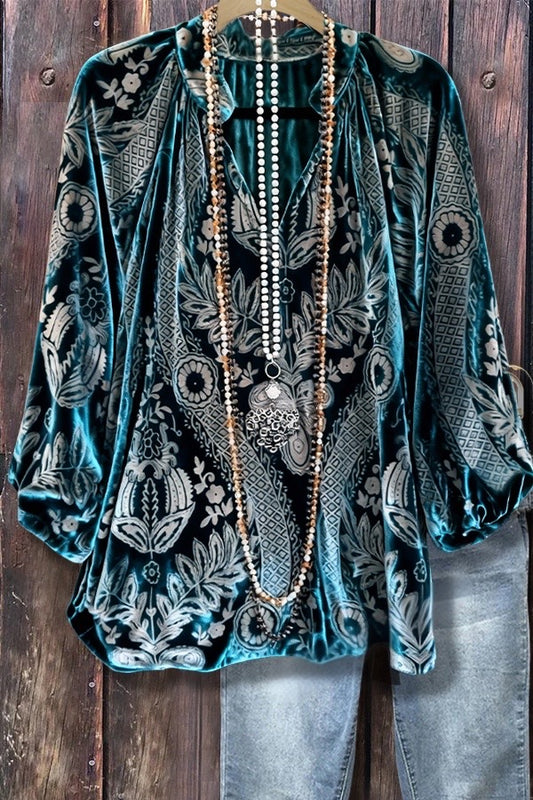Retro Floral Print V-Neck Velvet Top
