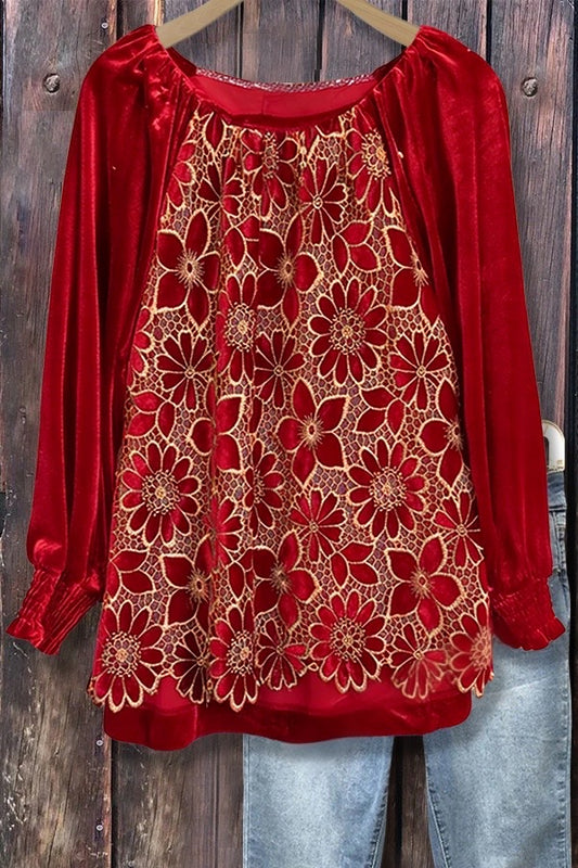 Chic Flower Burnout Long Sleeve Velvet Top