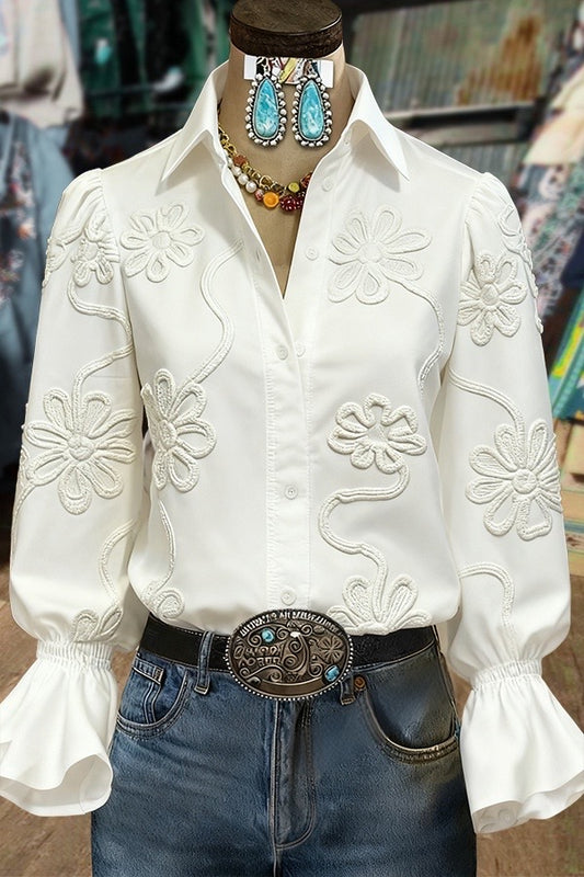 Elegant Textured Flower Bell Sleeve Button Up Blouse