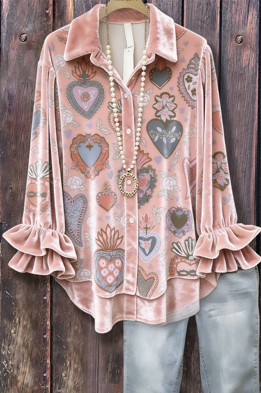 Retro Heart Print Layered Ruffle Sleeve Shirt