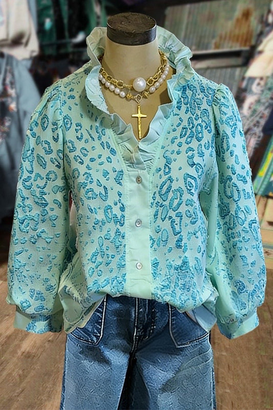 Chic Leopard Jacquard Ruffle Neck Blouse