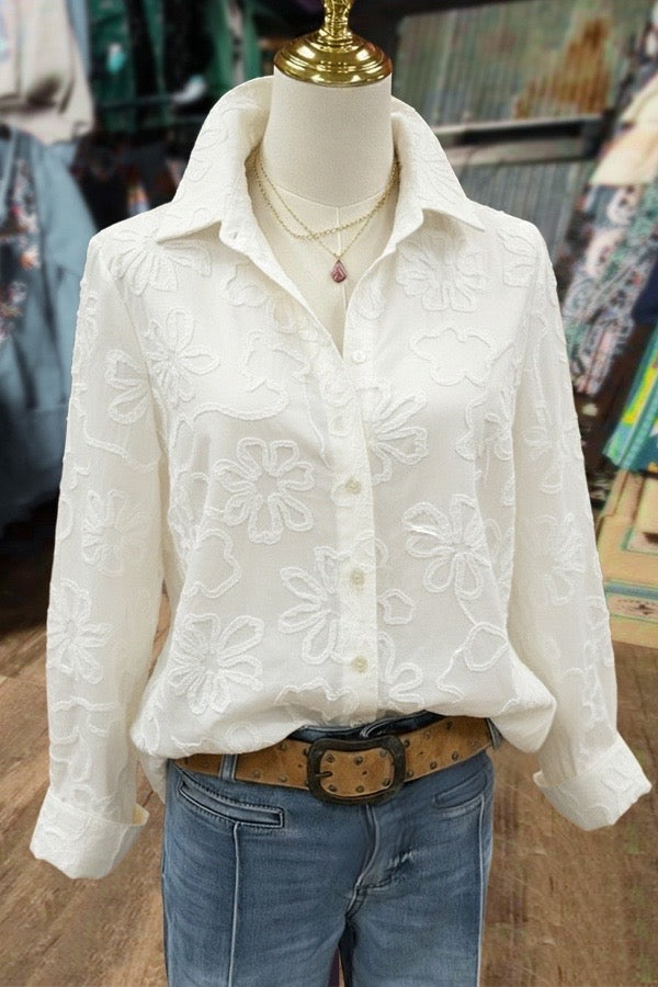 Elegant Textured Flower Long Sleeve Blouse