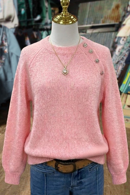 Elegant Round Neck Rhinestone Button Raglan Sleeve Sweater