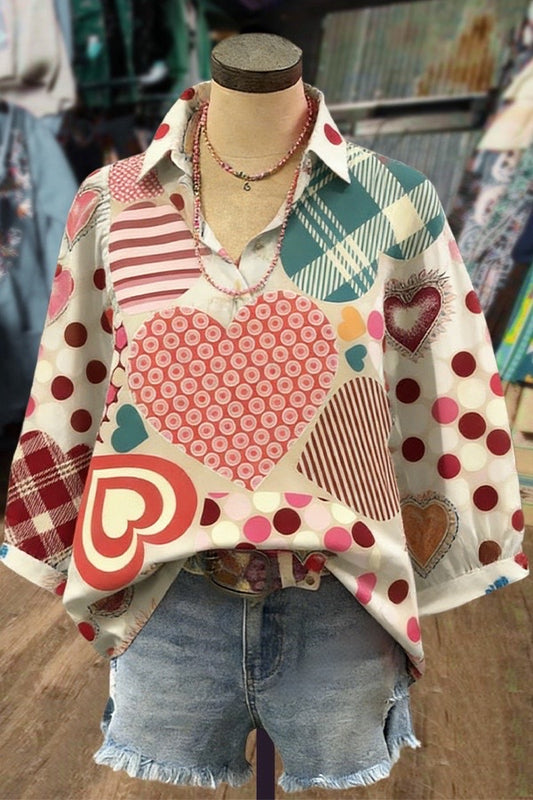 Mixed Heart Print V-Neck Blouse