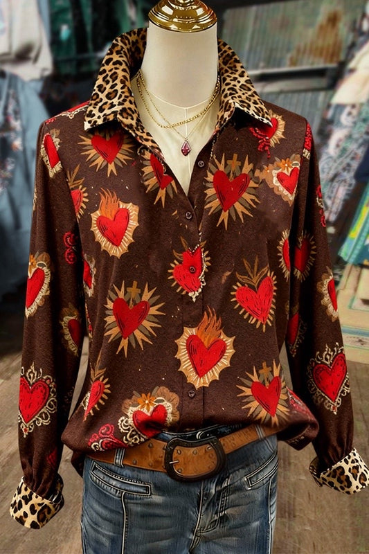 Retro Heart Print Leopard Collar Blouse