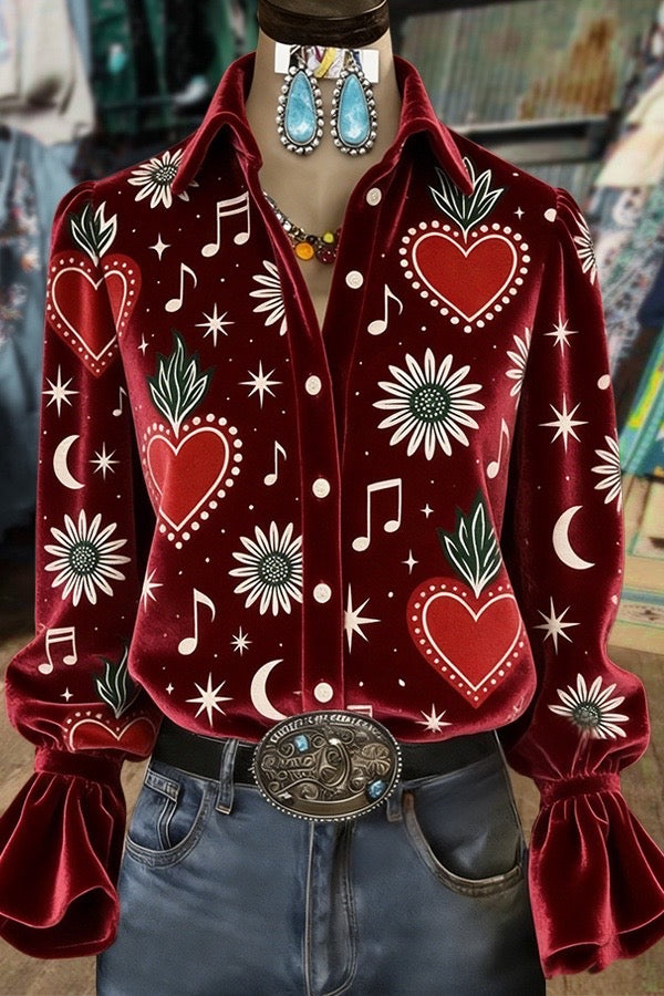 Retro Heart Floral Print Velvet Valentine's Day Shirt