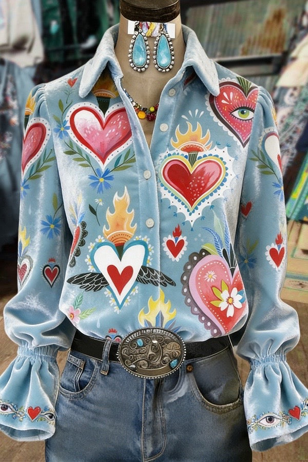 Colorful Art Heart Print Bell Sleeves Velvet Top