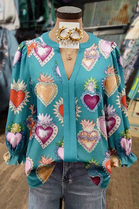 Colorful Art Heart Print V-Neck Puff Sleeve Top