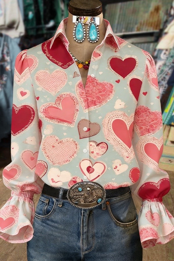 Vintage Heart Print Bell Sleeves Blouse