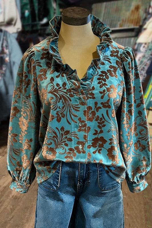 Elegant Burnout Flower Long Sleeve Velvet Top