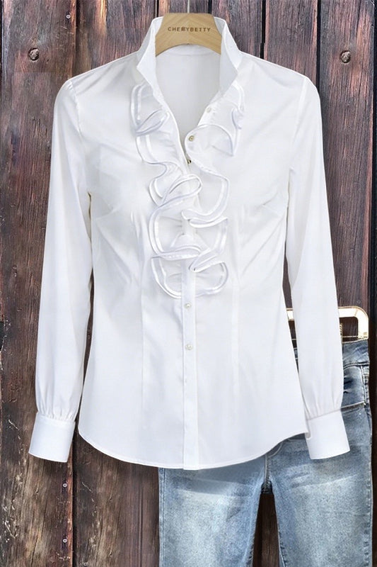 Elegant Stand Ruffle Collar Long Sleeve Shirt