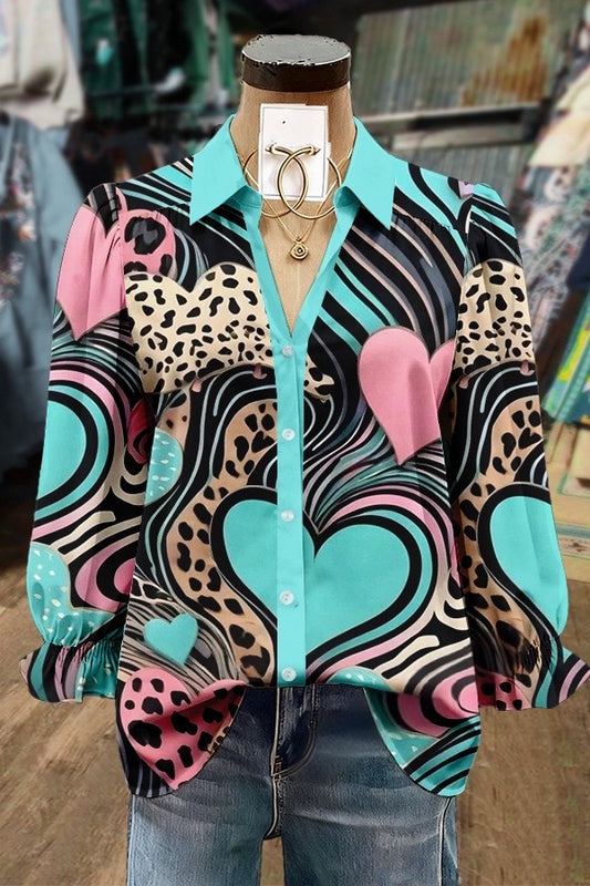 Mixed Heart Print Collared Puff Sleeve Valentine's Day Blouse