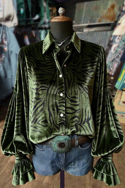 Animal Print Lantern Sleeve Velvet Shirt