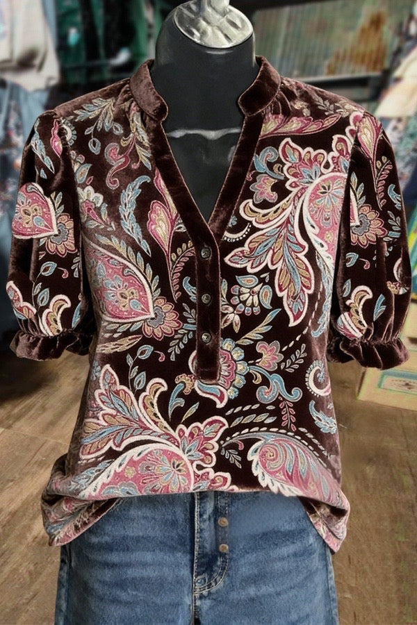 Floral Paisley Print V-Neck Puff Sleeve Velvet Top