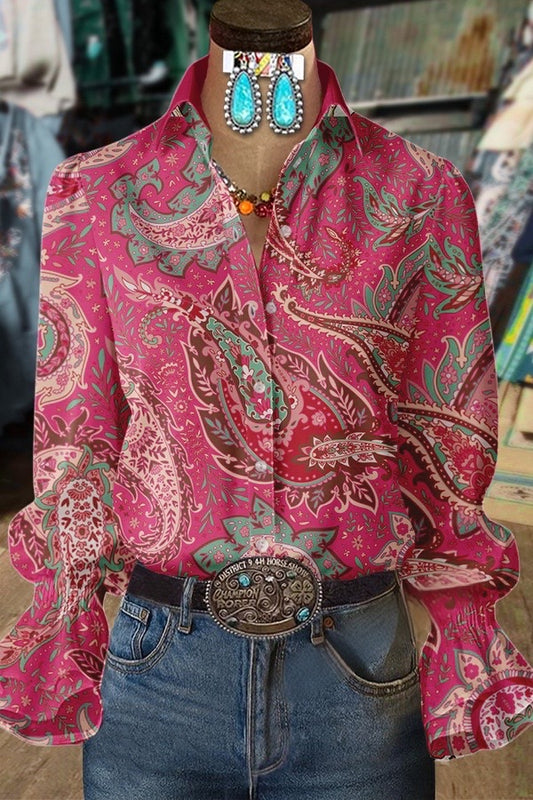 Pink Paisley Print Collard Flared Cuffs Blouse