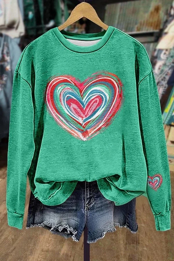 Colorful Art Heart Print Long Sleeve Sweatshirt