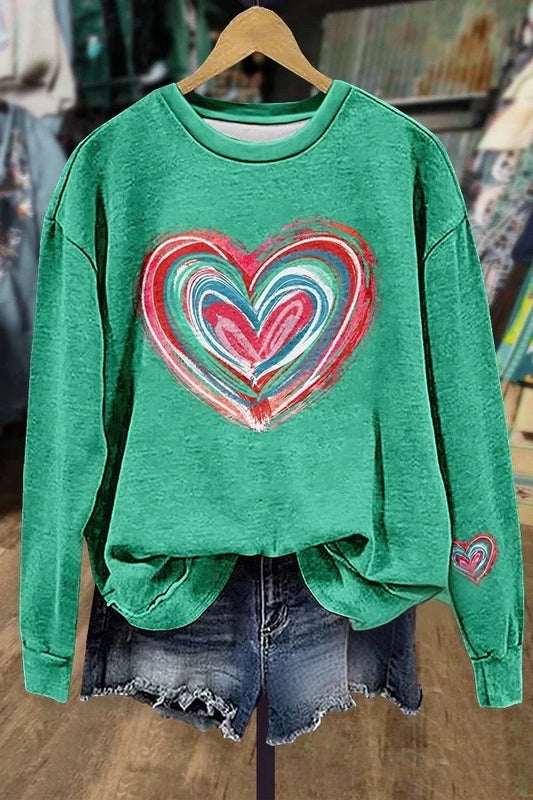 Colorful Art Heart Print Long Sleeve Sweatshirt