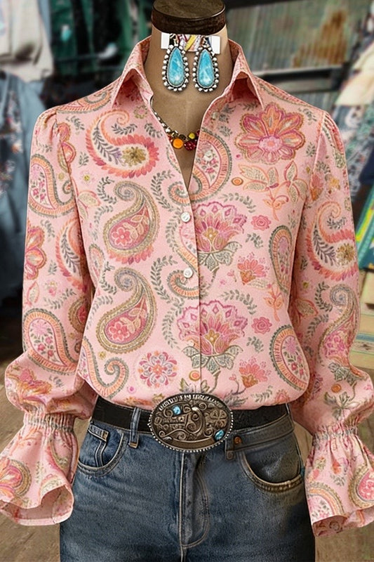 Sweet Floral Paisley Print Bell Sleeve Blouse