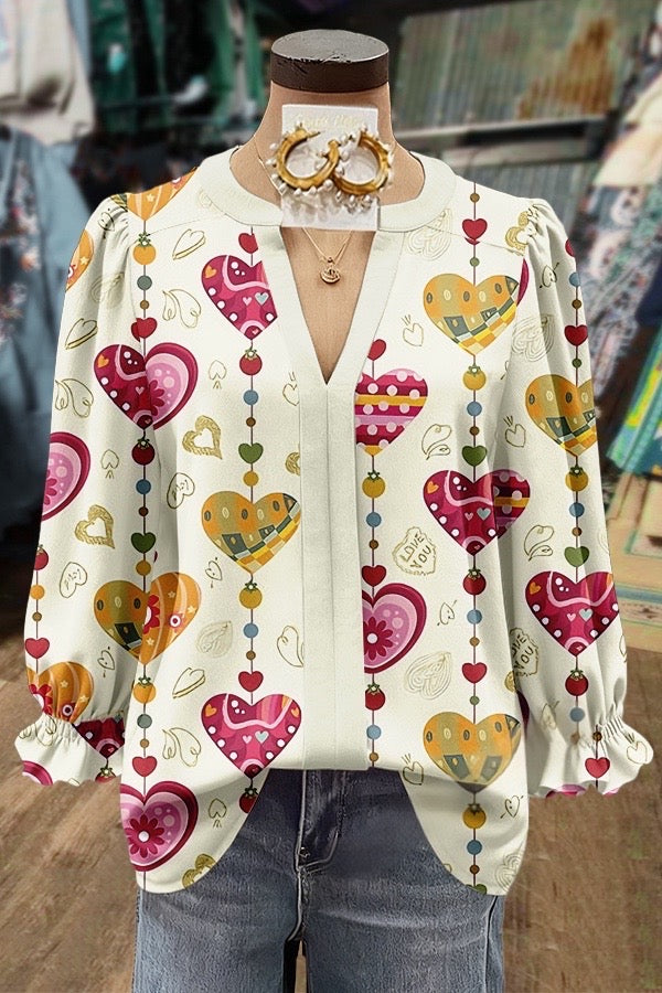 Sweet Heart Print Puff Sleeve Blouse