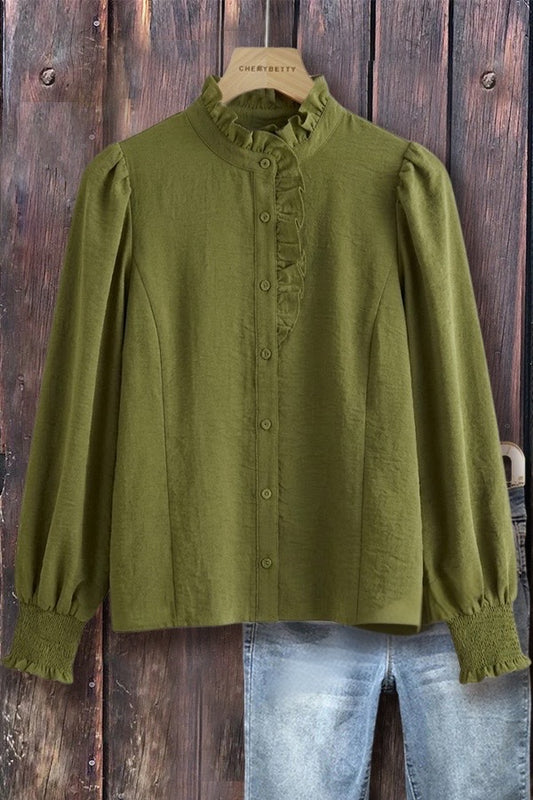 Solid Ruffle Neck Button Up Smocked Cuffs Blouse