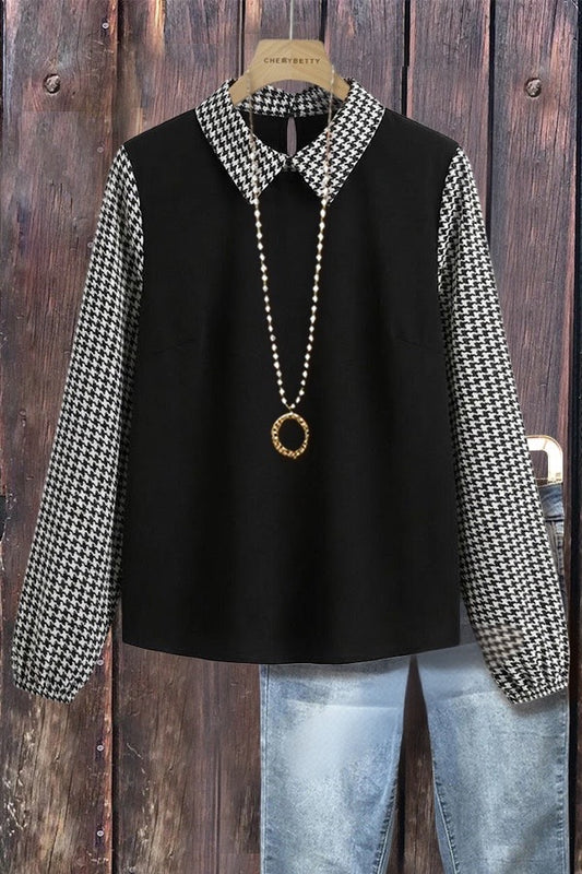Casual Houndstooth Print Peter Pan Collor Long Sleeve Blouse