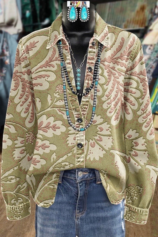 Vintage Floral Print Collared Long Sleeve Top