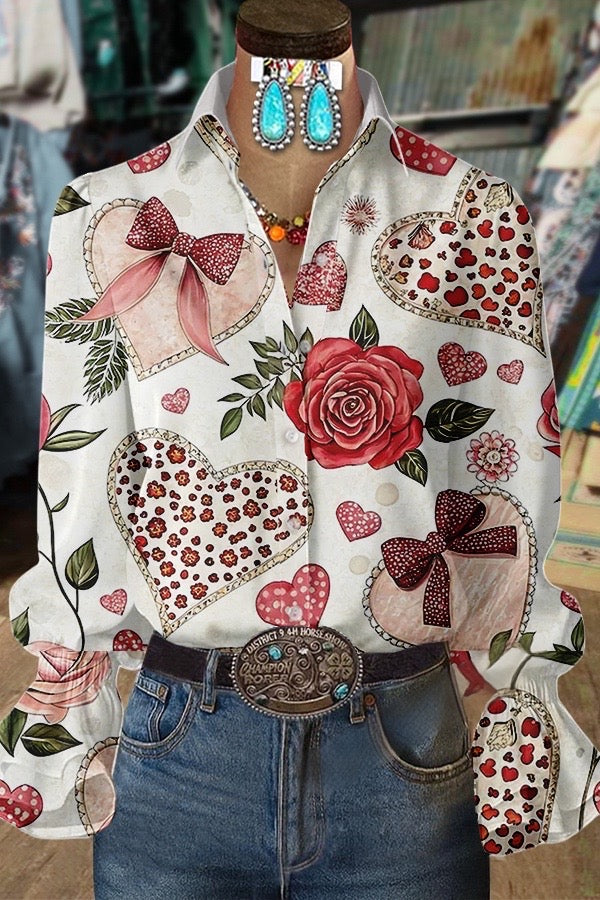 Colorful Heart Print Collard Bell Sleeves Blouse
