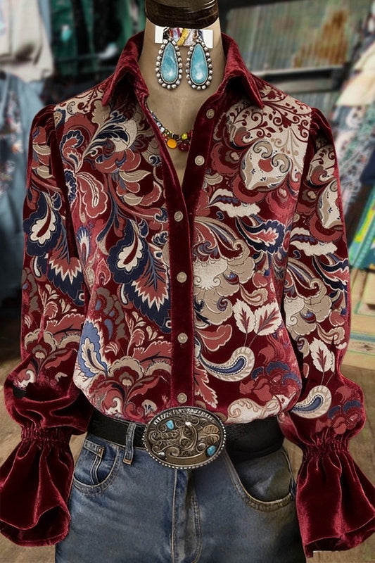 Vintage Floral Print Flared Cuffs Velvet Shirt