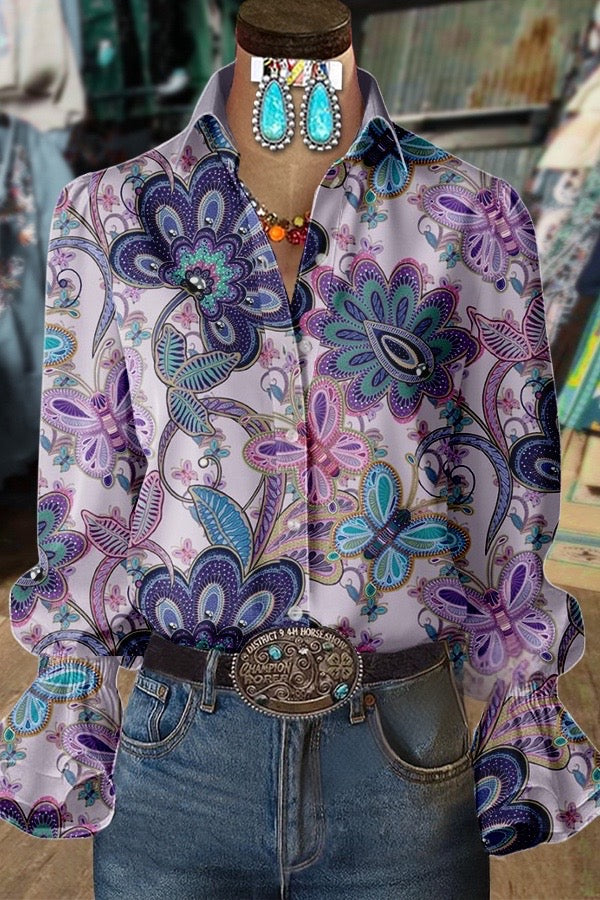 Vintage Floral Print Collard Flared Cuffs Blouse