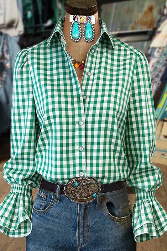 Plaid Collard Flared Cuffs Blouse