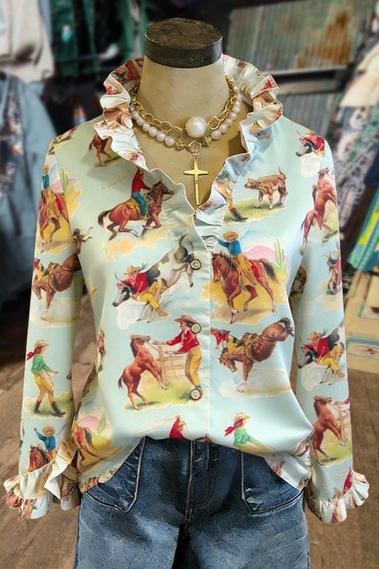 Western Cowboy Print Ruffle Long Sleeve Blouse
