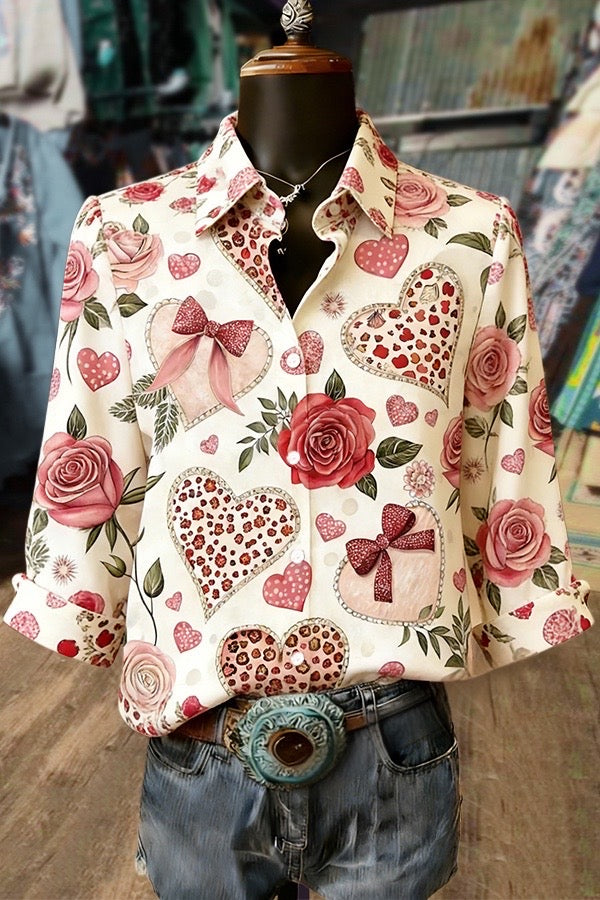 Colorful Heart Print Long Sleeve Blouse