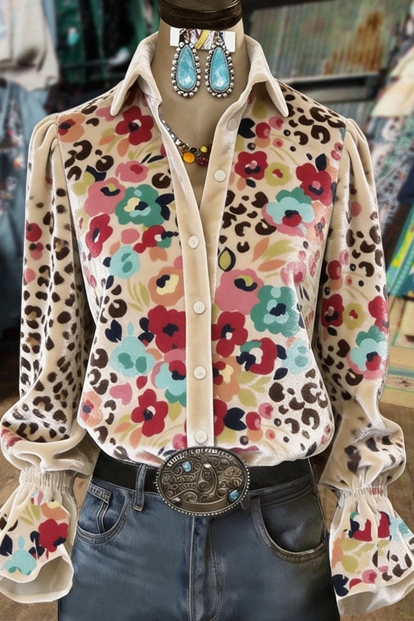 Leopard Flower Print Flared Cuffs Velvet Shirt
