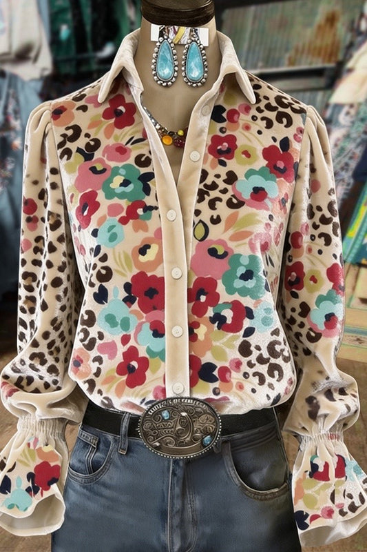 Leopard Flower Print Flared Cuffs Velvet Shirt