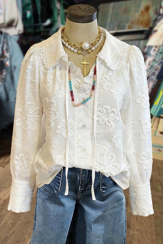 Flower Embroidered Peter Pan Collar Long Sleeve Blouse