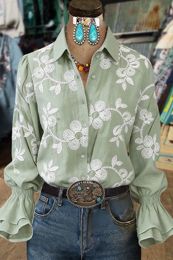 Classic Flower Embroidered Flared Cuffs Blouse