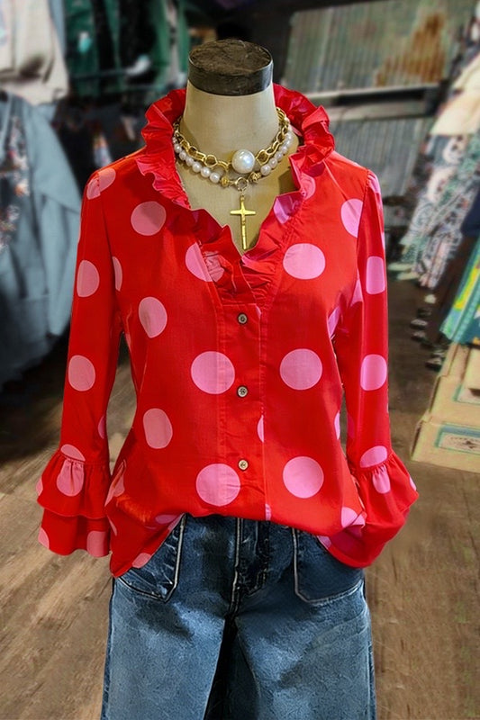 Polka Dot Print Ruffle Neck Double Bell Sleeves Blouse