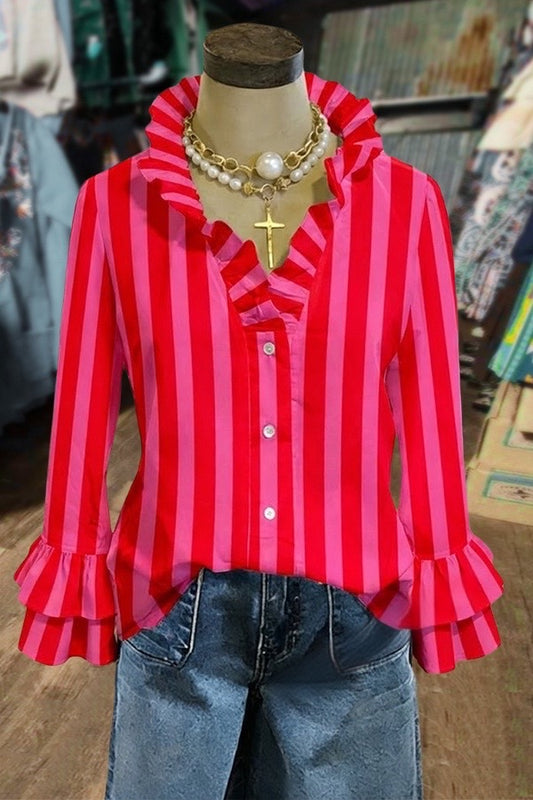 Striped Ruffle Neck Double Bell Sleeves Blouse