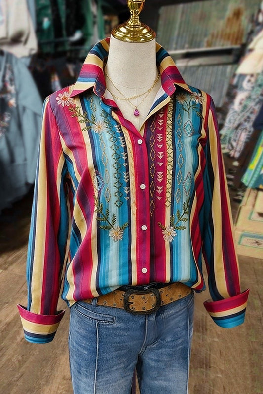 Colorful Striped Flower Embroidered Long Sleeve Blouse
