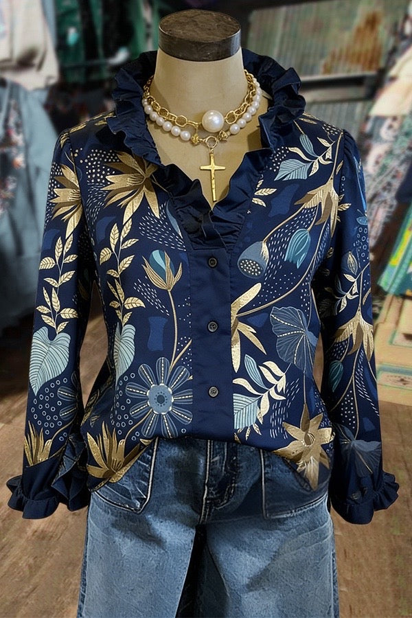 Vintage Floral Print Ruffle Neck Blouse