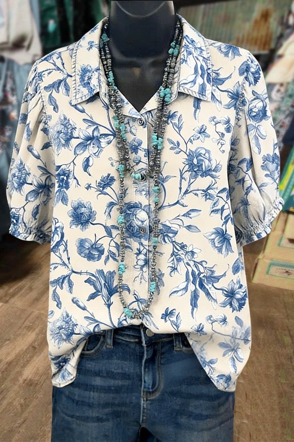 Retro Floral Print Short Puff Sleeve Blouse