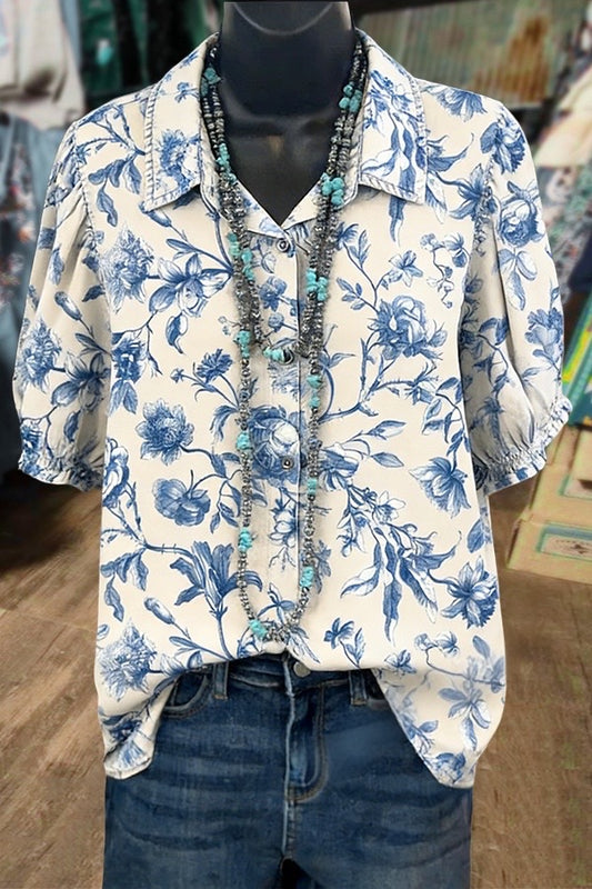Retro Floral Print Short Puff Sleeve Blouse