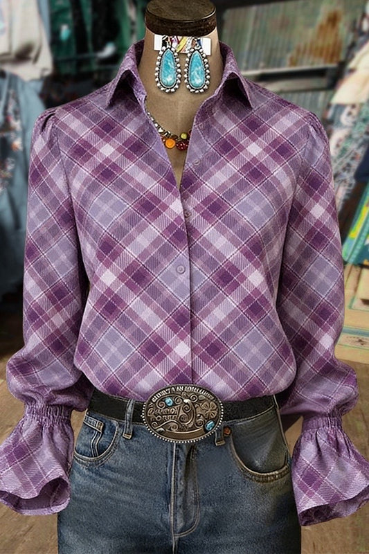Purple Plaid Flared Cuffs Blouse
