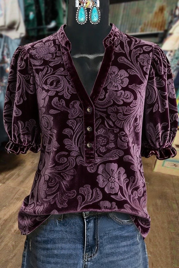 Vintage Floral Jacquard V-Neck Puff Sleeve Velvet Shirt