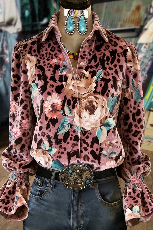 Leopard Floral Print Flared Cuffs Velvet Shirt